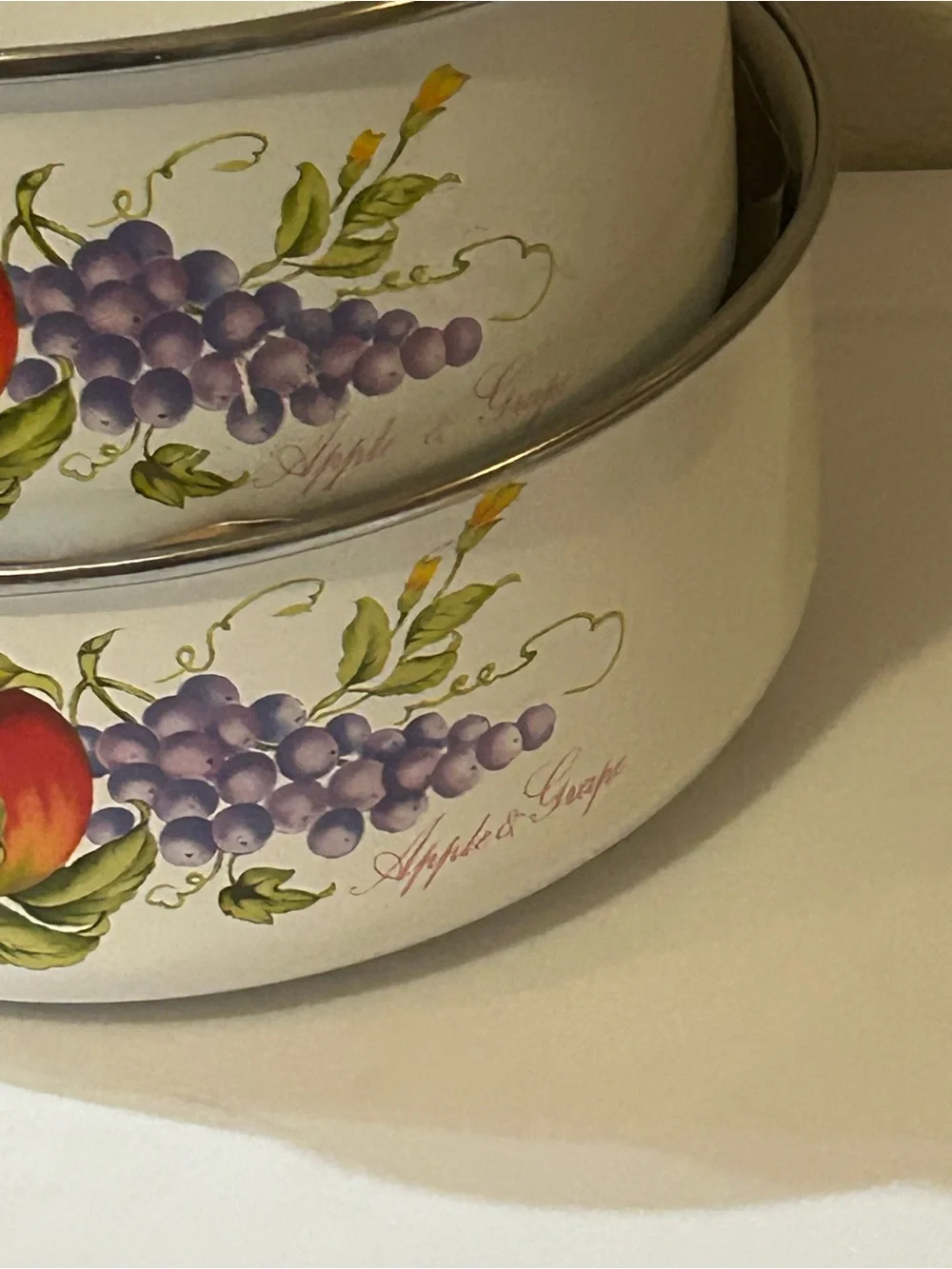 White Fruit-Pattern Enamel Mixing Bowls - Set of 2